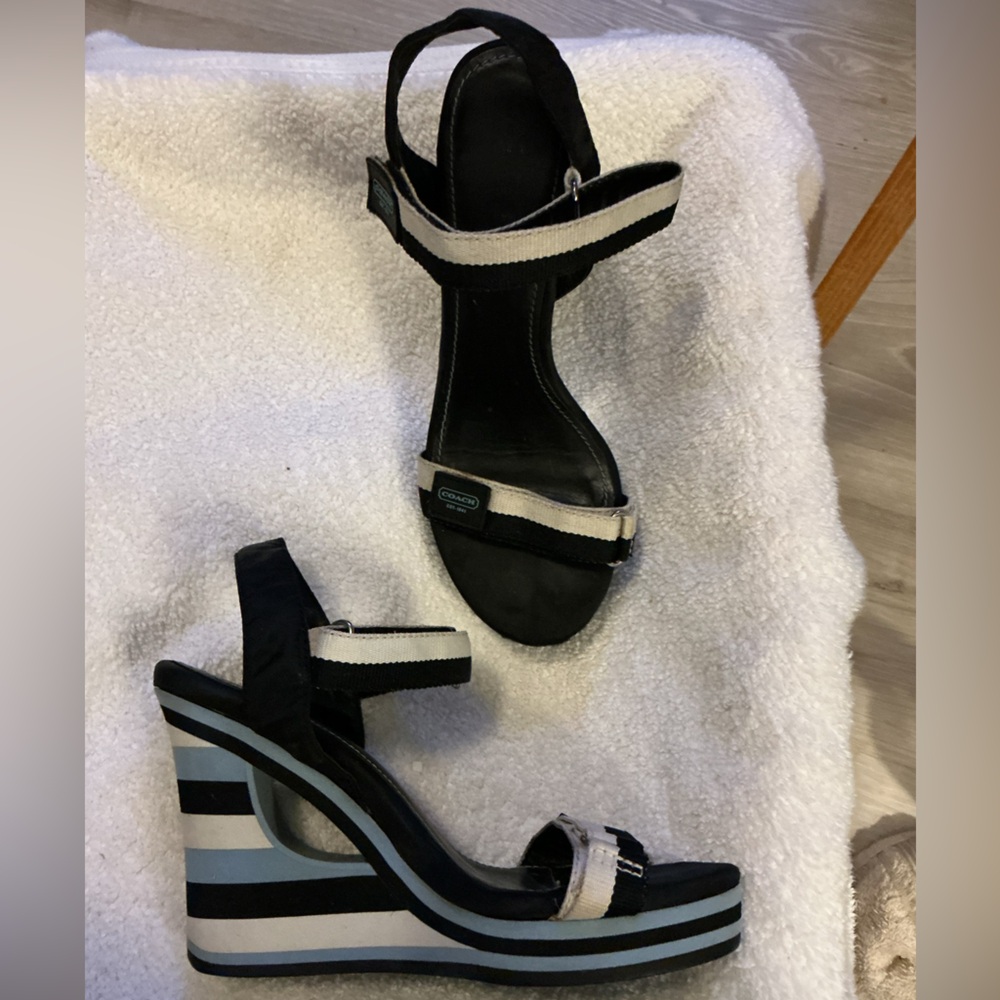 Coach Black and White Striped Wedges